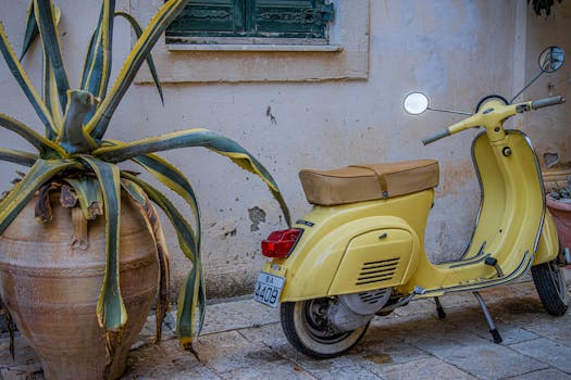 pexels photo 33915038 33915038 7 Classic yellow Vespa parked beside potted plant against aged wall in Greece.